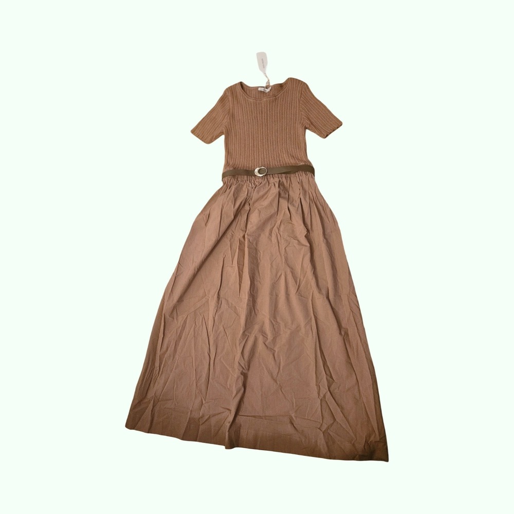Mon Renn Eternal Knit Combo Dress Hazelnut Brown Ribbed Maxi Belted Short Sleeve - Picture 3 of 5